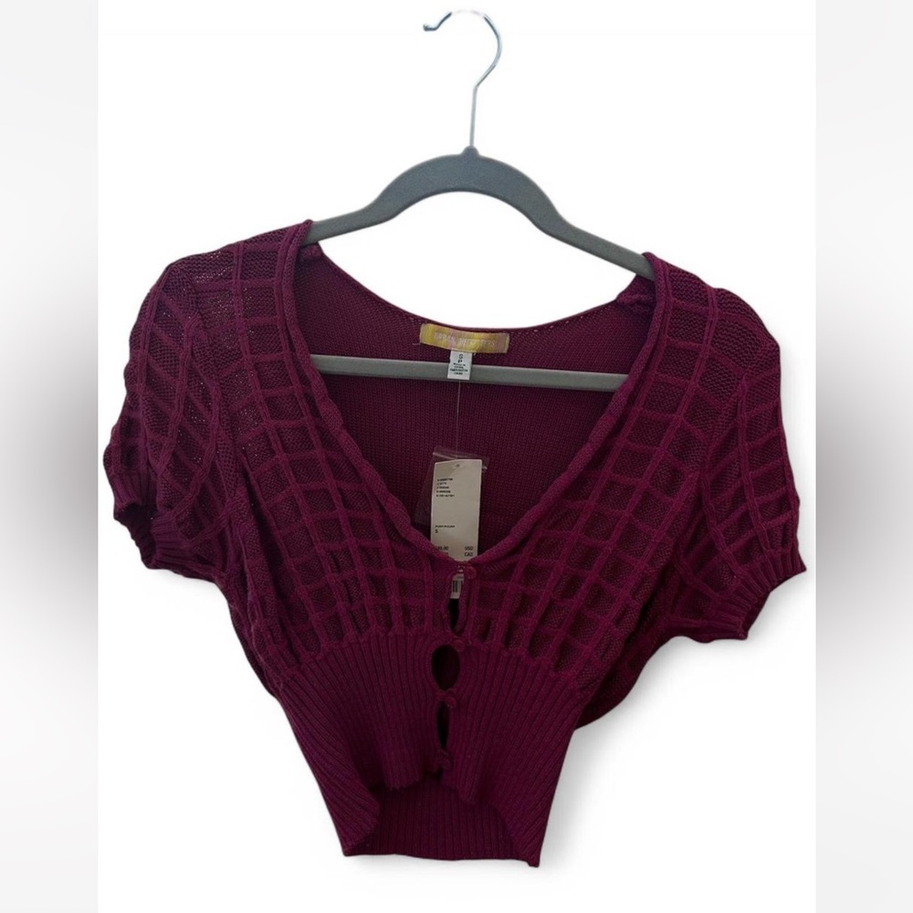 Urban Outfitters knit magenta cropped button up with mesh detailing